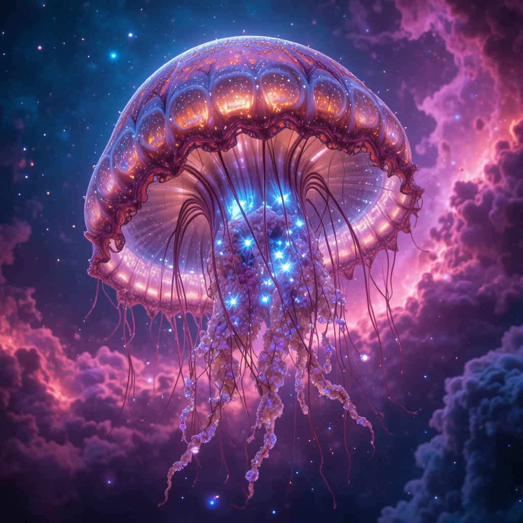 Kolossale gläserne Qualle schwebt in einer neonfarbenen kosmischen Nebelwolke