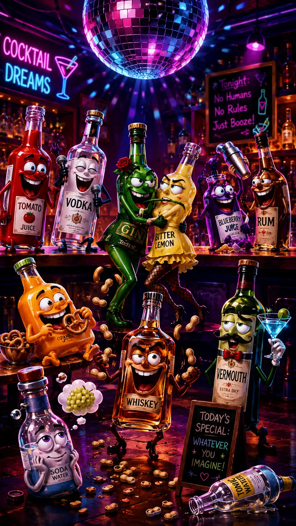 擬人化的酒瓶在霓虹燈夜店中狂歡