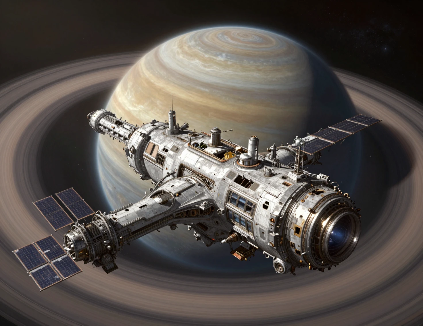 Station spatiale abandonnée en orbite autour d’un immense géant gazeux cerclé d’anneaux