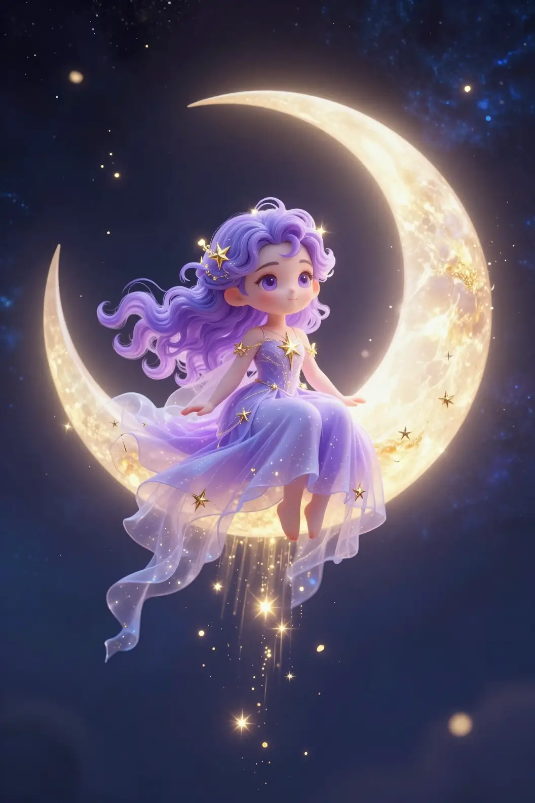 Fata celestiale chibi su una luna crescente luminosa