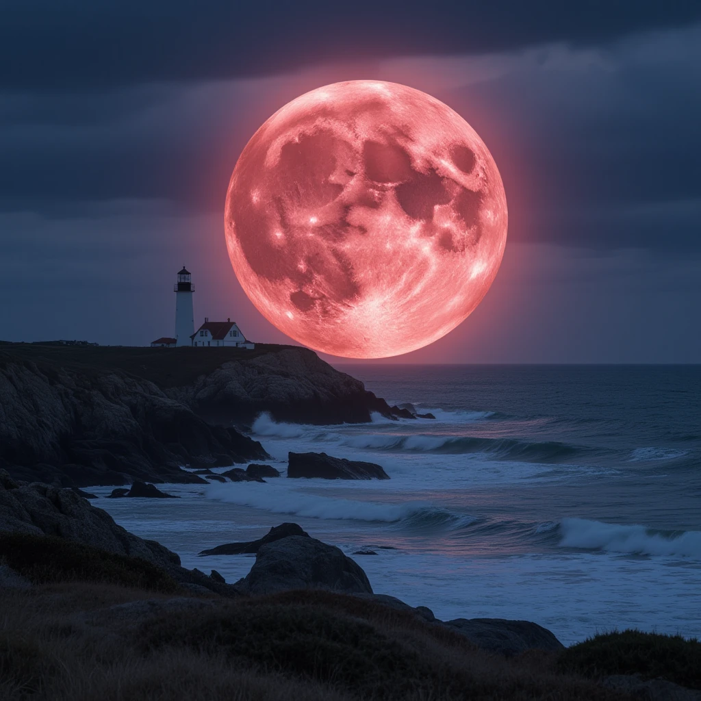 Lua de morango nascendo atrás de farol branco e ondas do mar