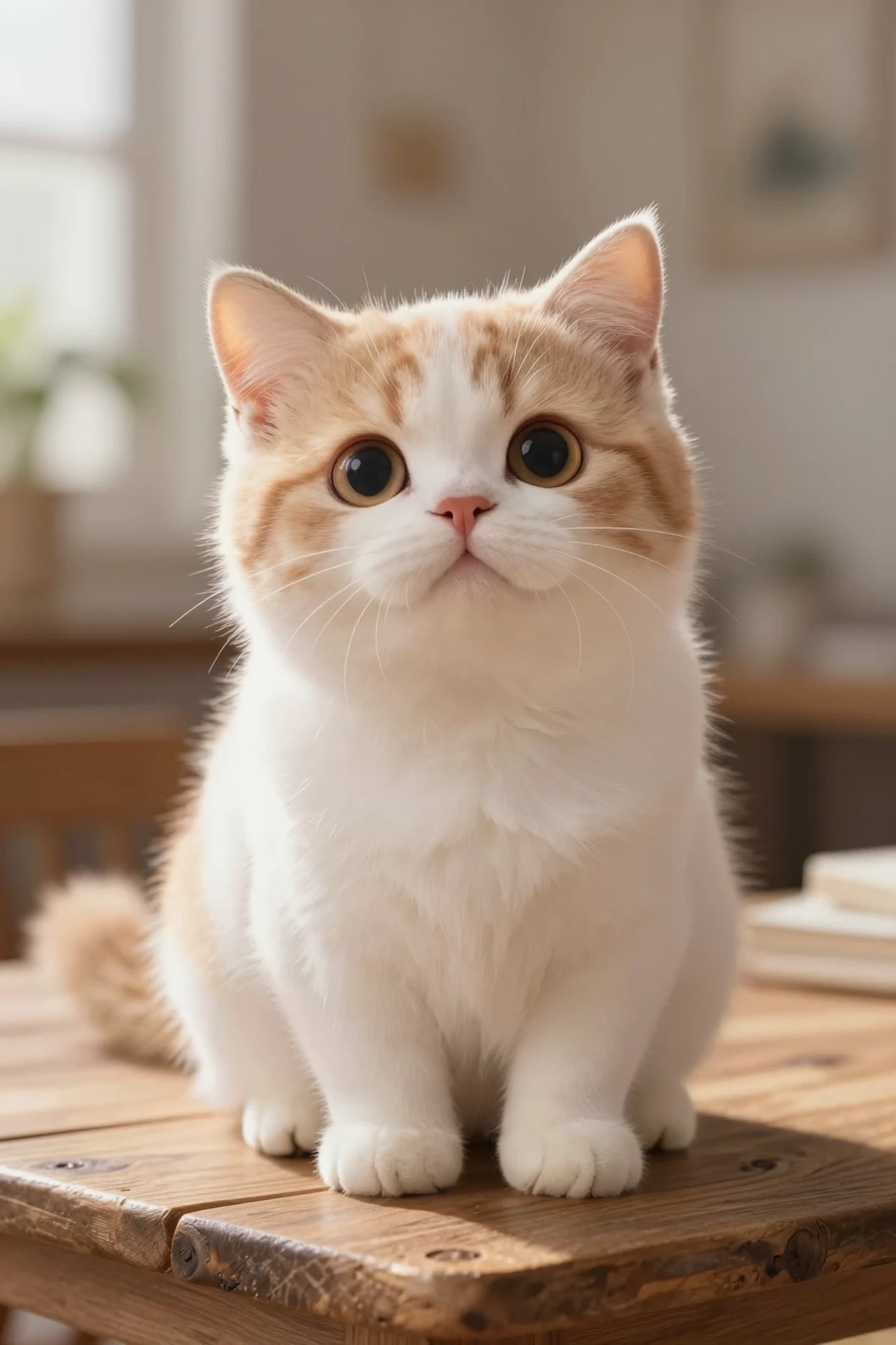 Gatinho 3D fofo sobre mesa de madeira na luz quente do sol