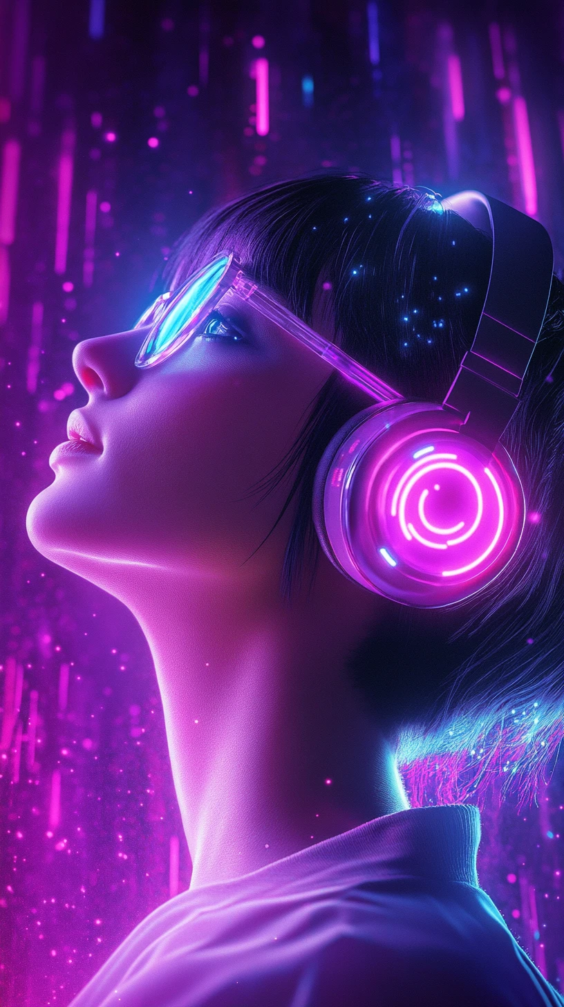 Jovem com fones de ouvido neon olhando para a luz digital