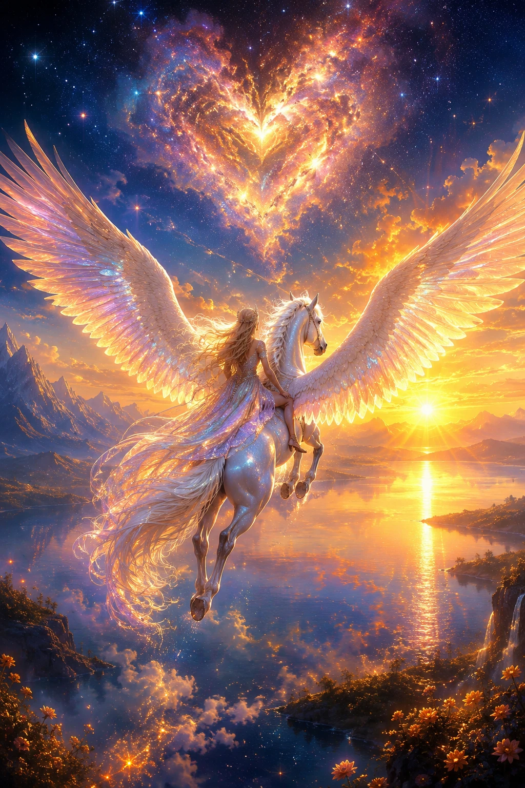 Pegasus Gliding Over A Sunrise Lake In Golden Light