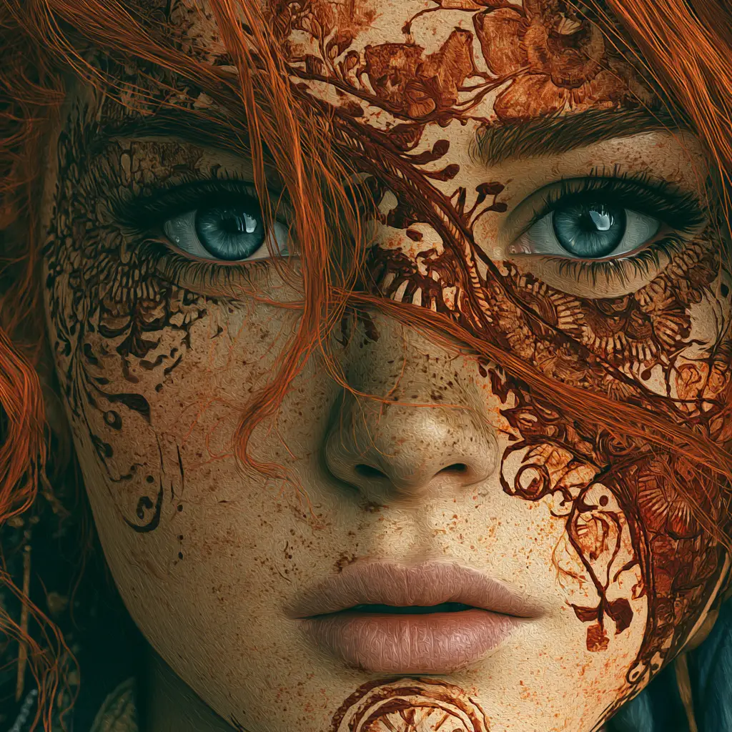 Portrait surréaliste d’une femme triste aux yeux bleus avec du henné