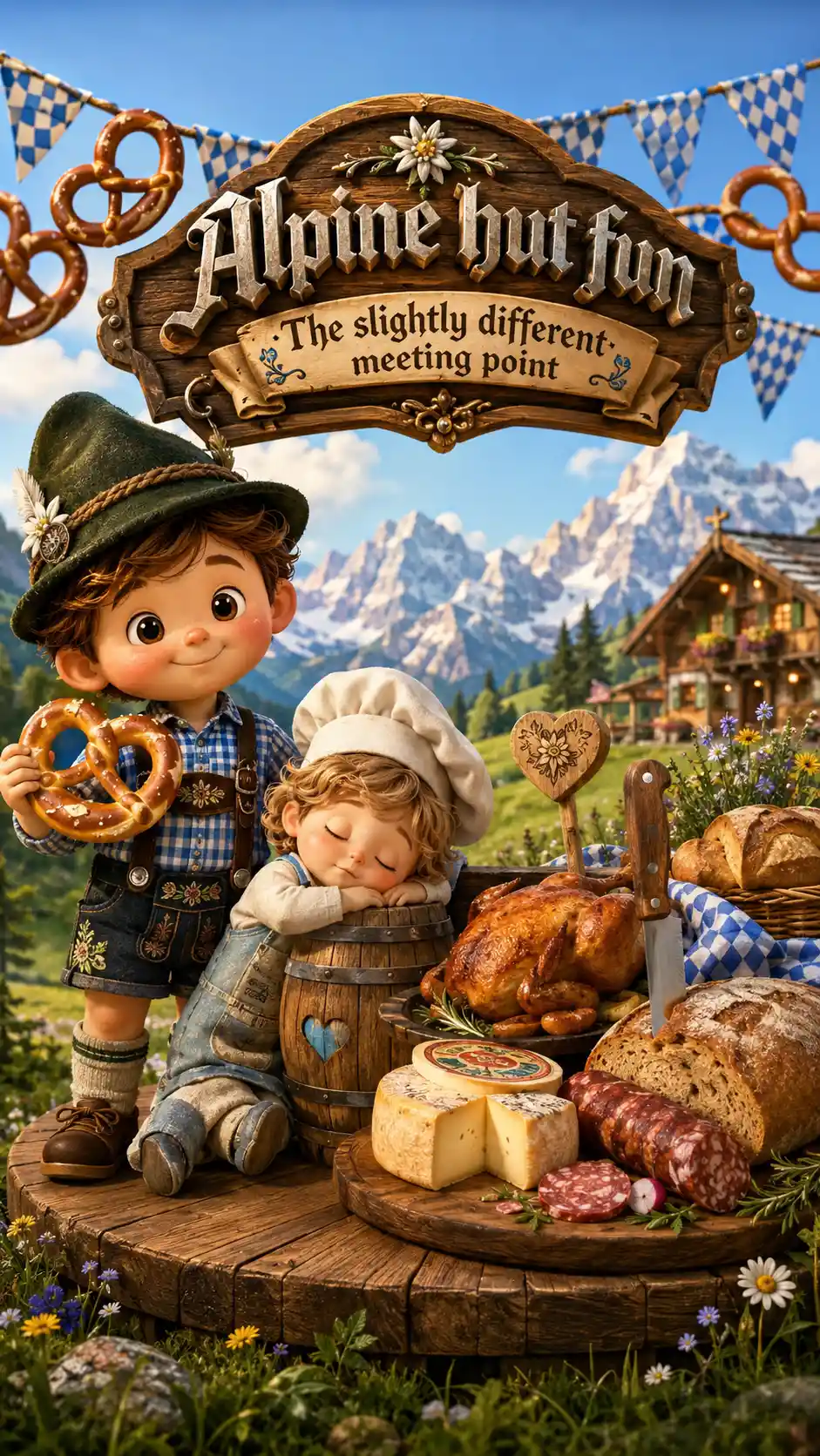 Cute alpine children at a cozy bavarian festival feast