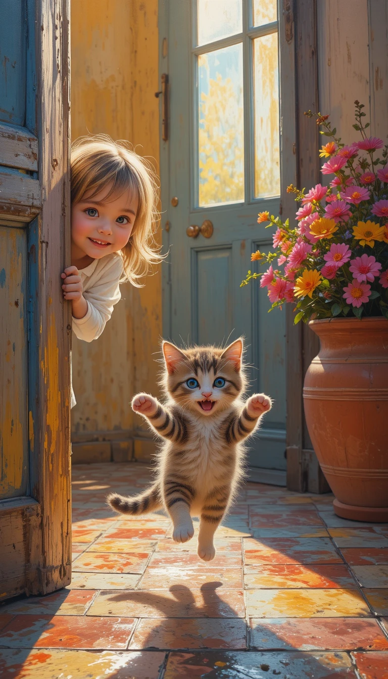 Petite fille et chaton bondissant dans une chambre peinte baignée de soleil