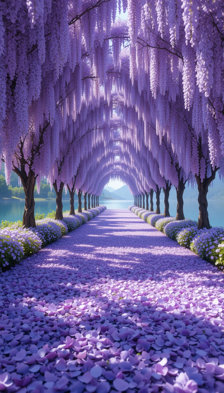 静かな青い湖畔の藤の花トンネルの小径