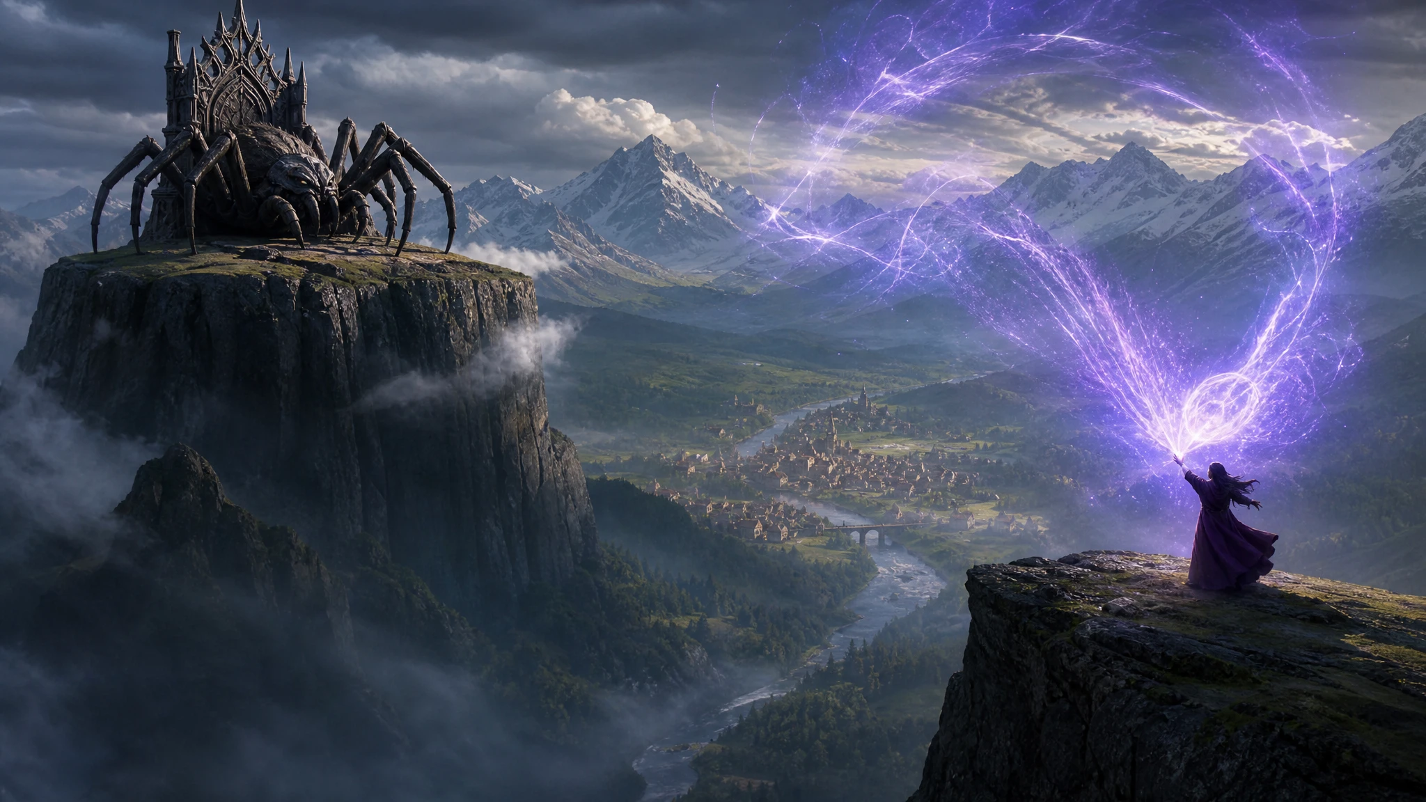 Giant Spider On Obsidian Throne Above Mountain Valley