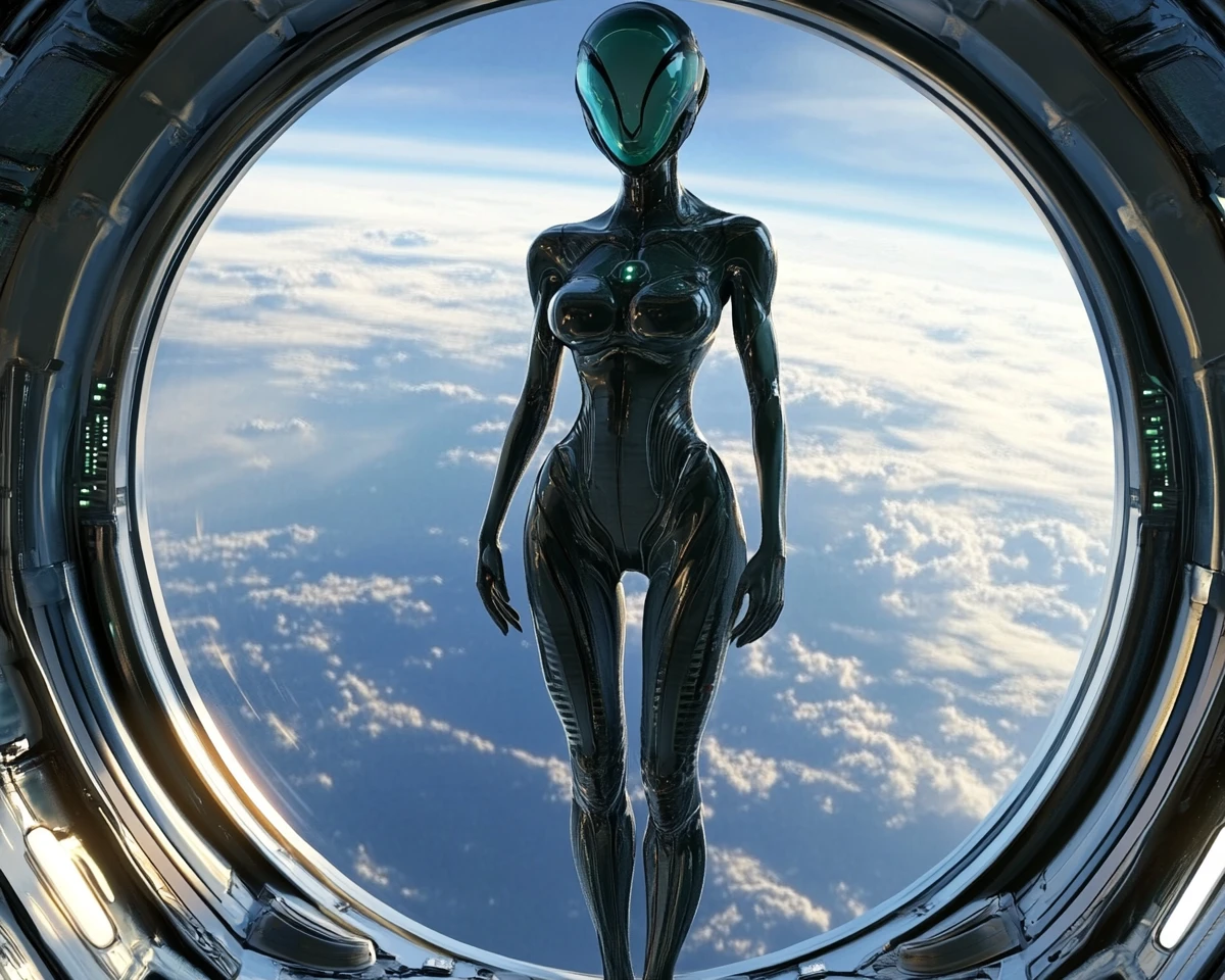 Donna aliena in piedi sul ponte di un'astronave sopra la Terra