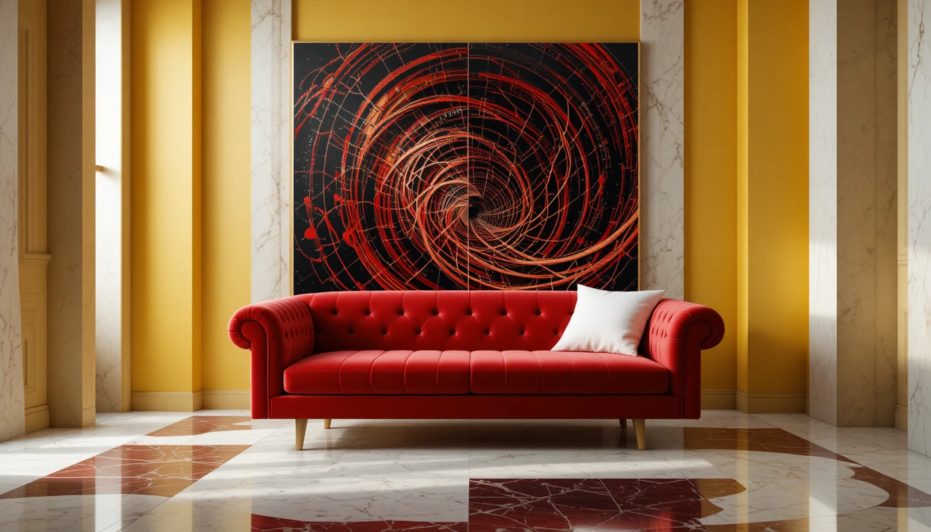 Sofá rojo y blanco en una habitación amarilla con portal