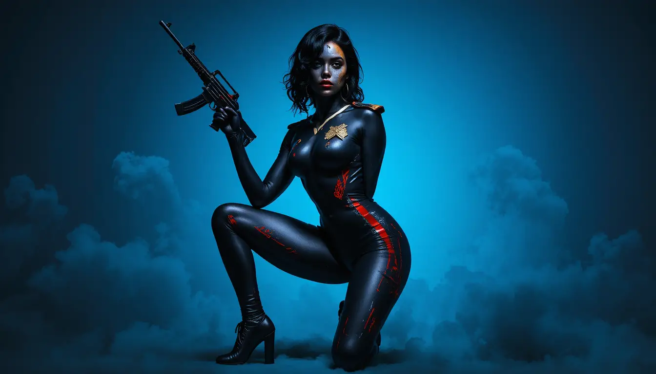 Femme en body painting naval tenant un fusil d’assaut avec assurance