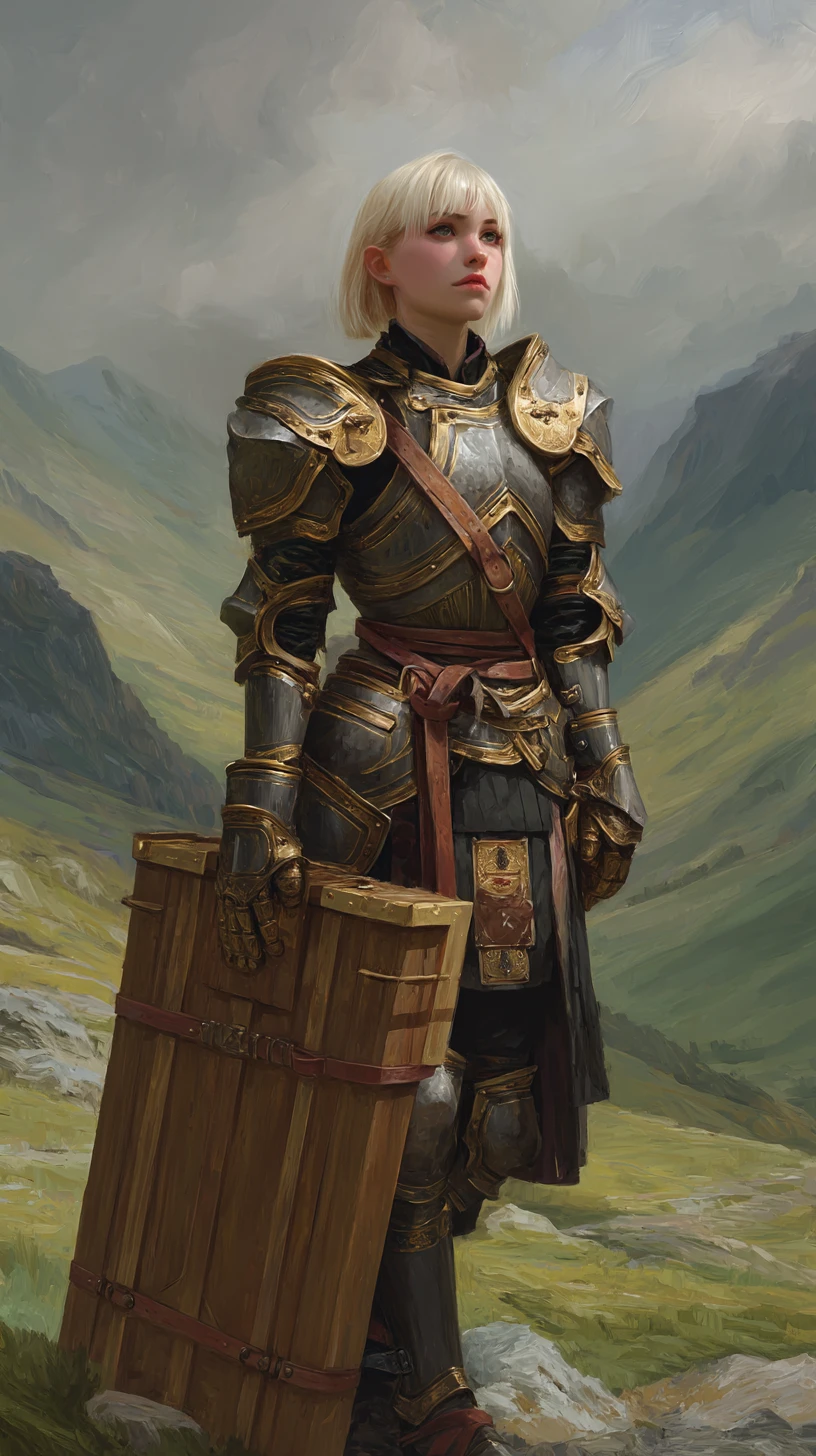 Paladina fantasy in armatura ornata su una collina erbosa