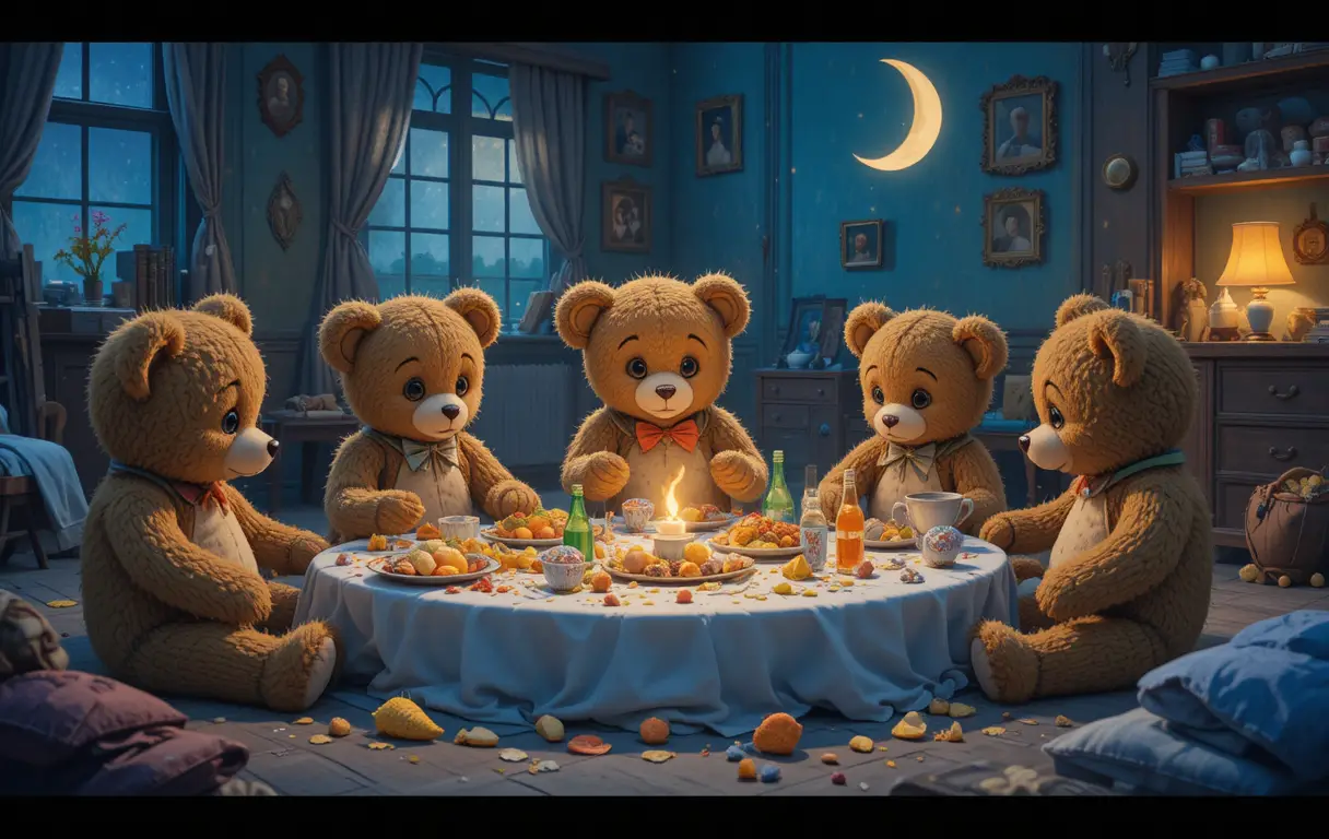 Banquet d’ours en peluche dans une chambre d’enfant douillette la nuit