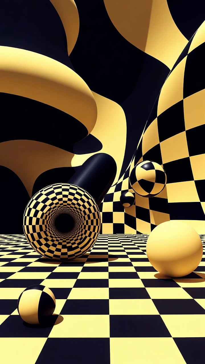 Esferas geométricas abstratas sobre fundo xadrez de op art