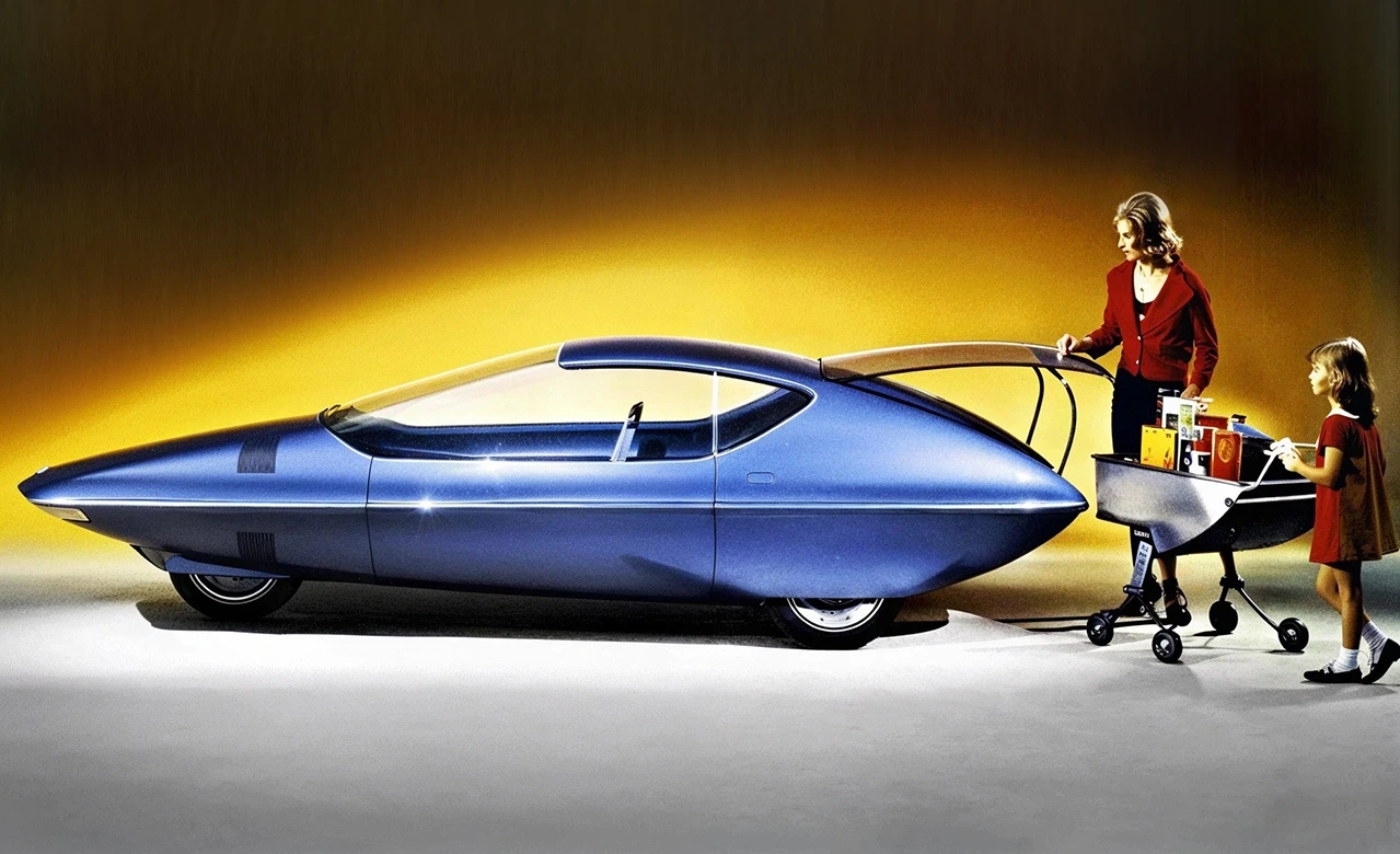 Ilustração vintage de um carro azul futurista de família e compras