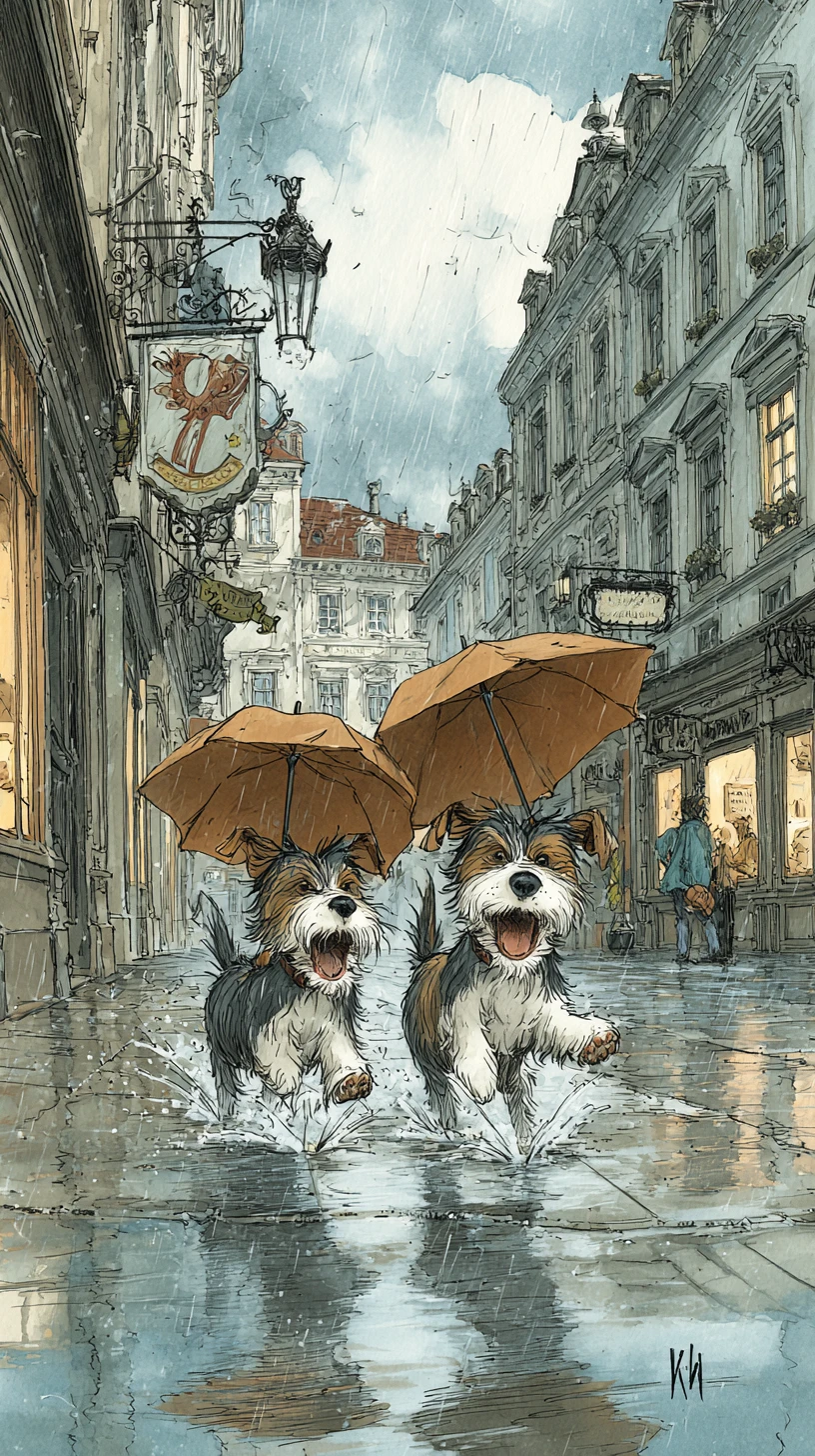 Dois cães felizes correndo por uma rua chuvosa em Munique