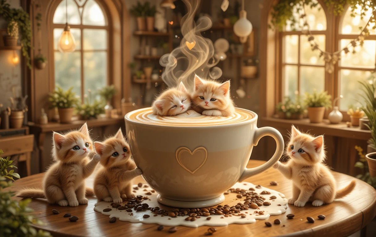 Adorables Chats Latte dans un Café Magique et Douillet