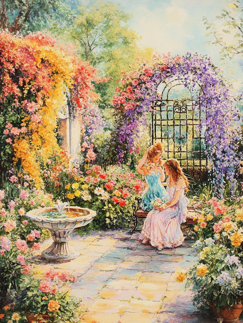 Bella ragazza che si rilassa in un colorato giardino fiorito