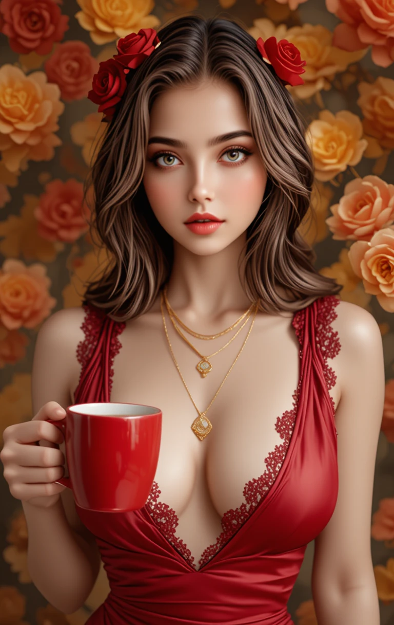 Donna asiatica fantasy con rose e abito di raso rosso