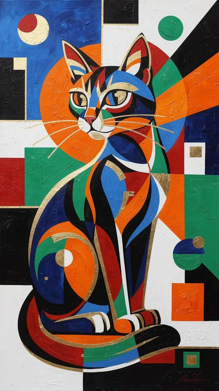Abstraktes geometrisches Porträt einer sitzenden Katze in kräftigen Farben