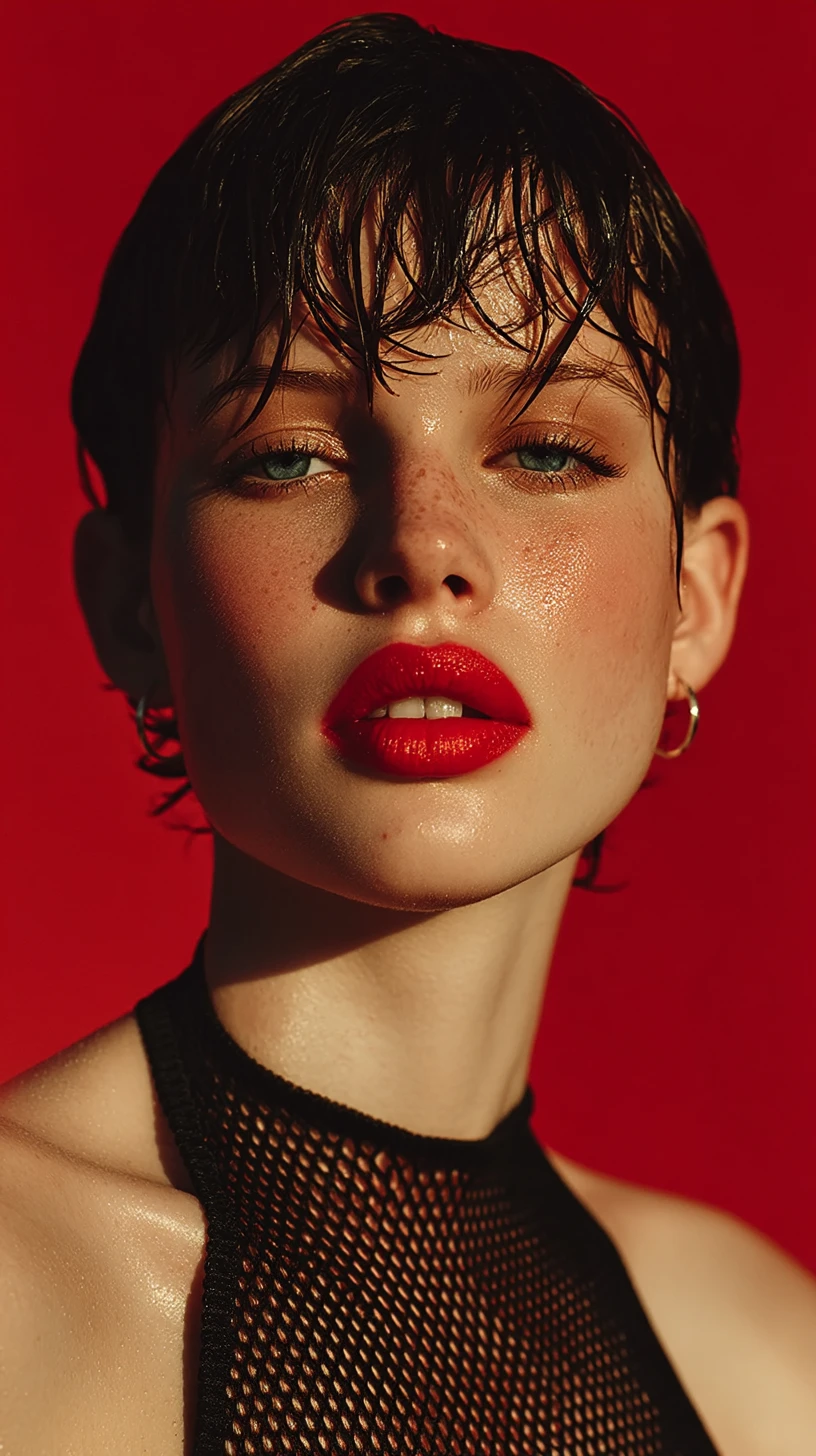 Selbstbewusstes Beauty-Porträt mit zurückgekämmten Haaren und kräftigen Lippen