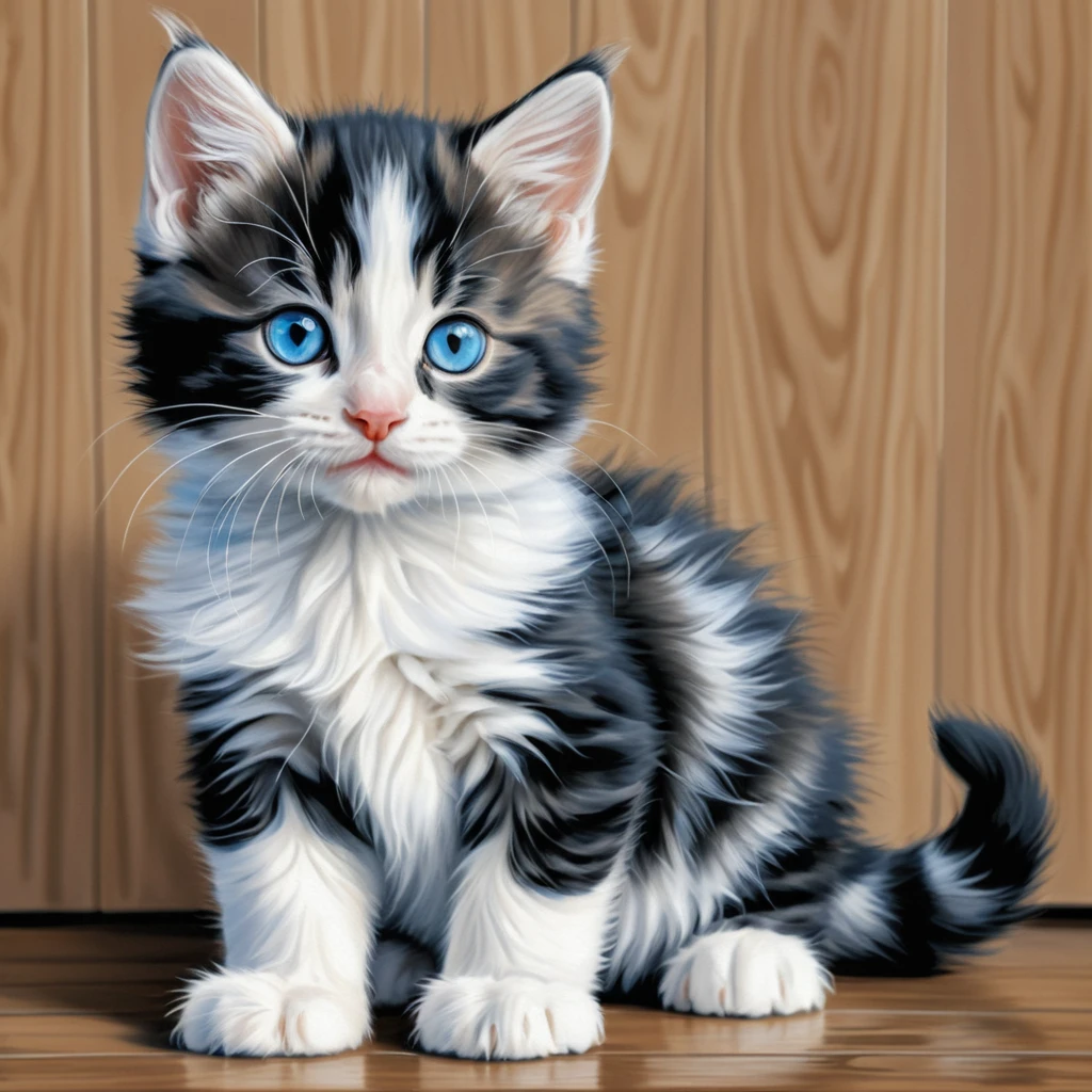 Flauschiges schwarz-weißes Kätzchen mit leuchtend blauen Augen im Stehen