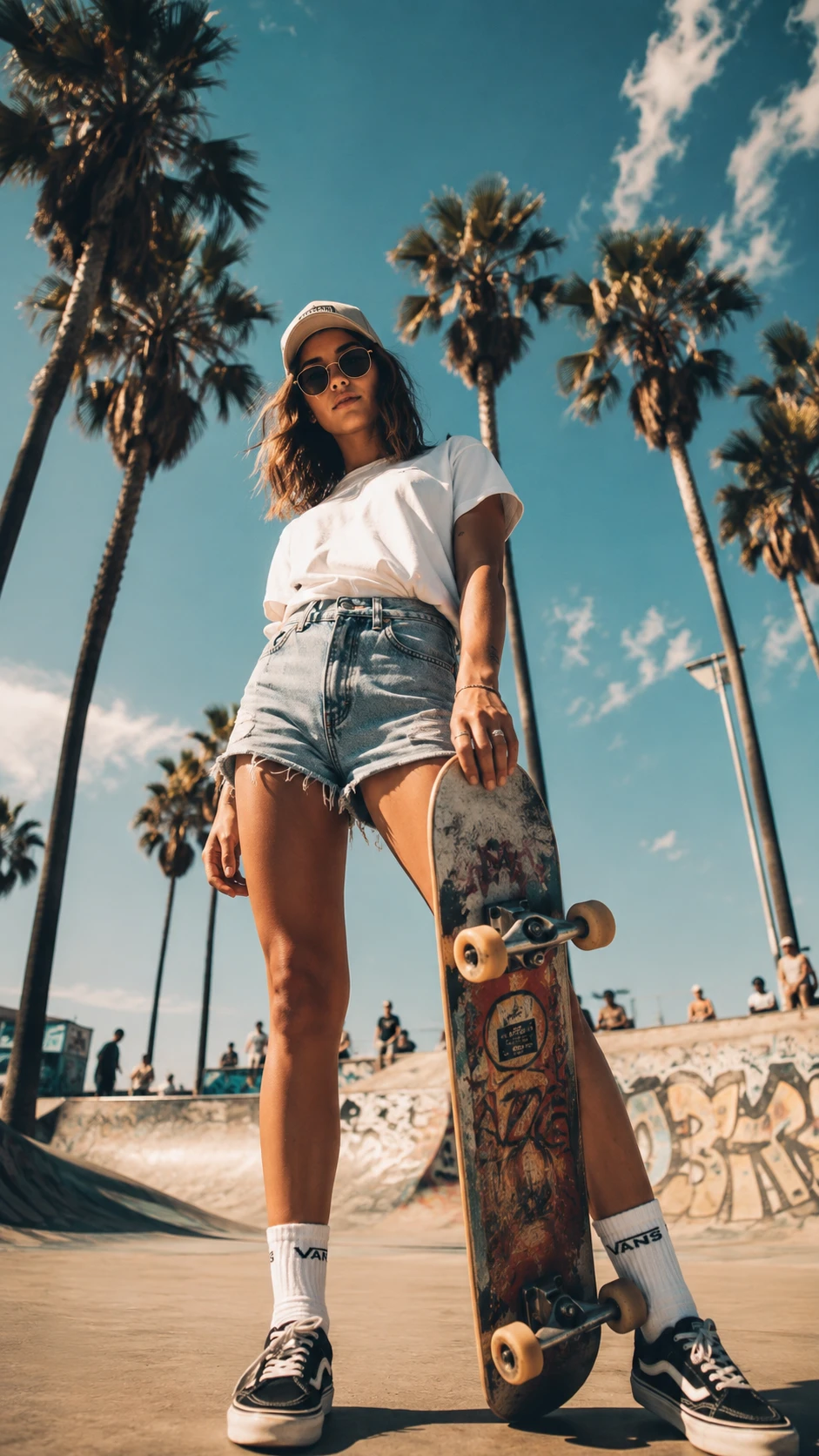 Chica skater segura de sí misma bajo palmeras en un soleado skatepark
