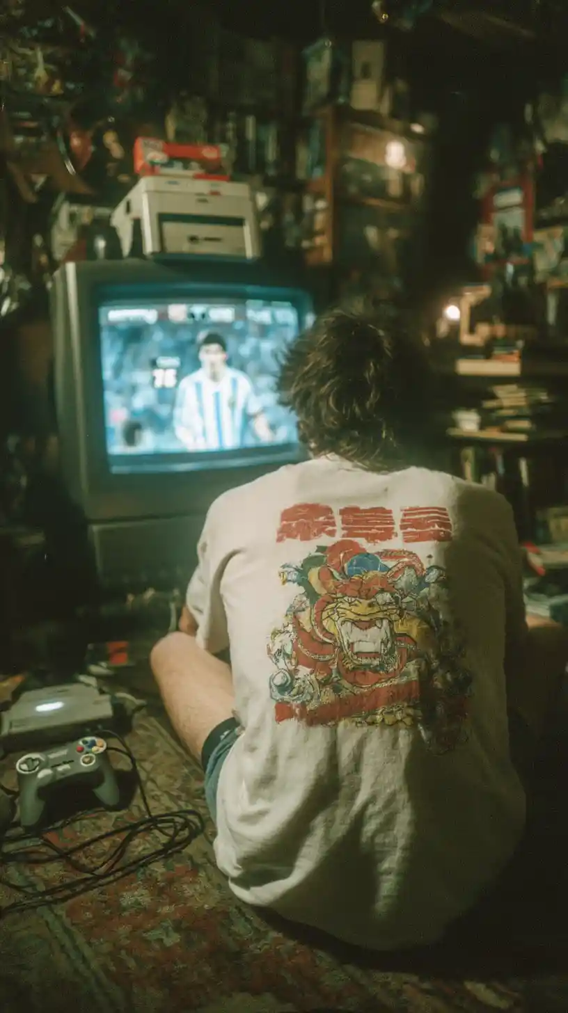 Mann spielt Retro-Konsole auf dem Boden in einem dunklen Schlafzimmer