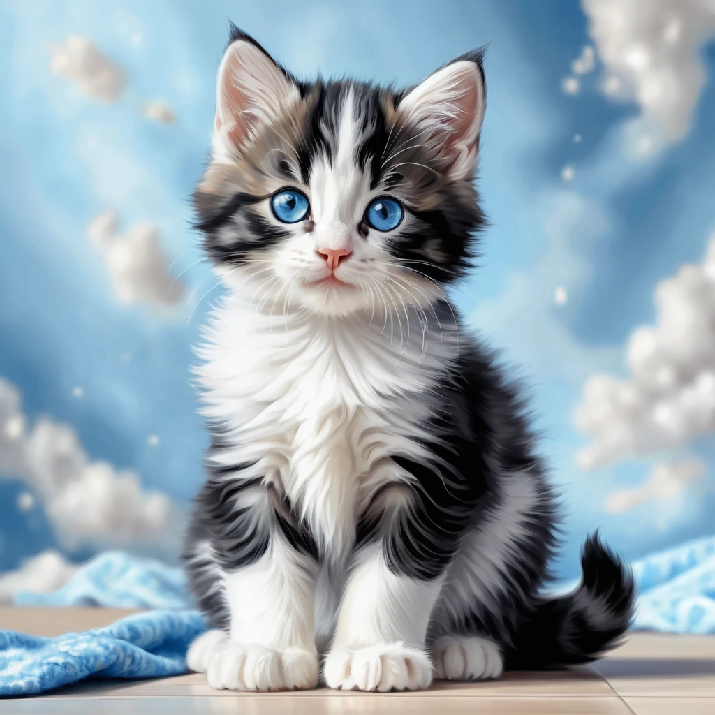 Gatinho fofo de olhos azuis em pé em estilo lápis de cor