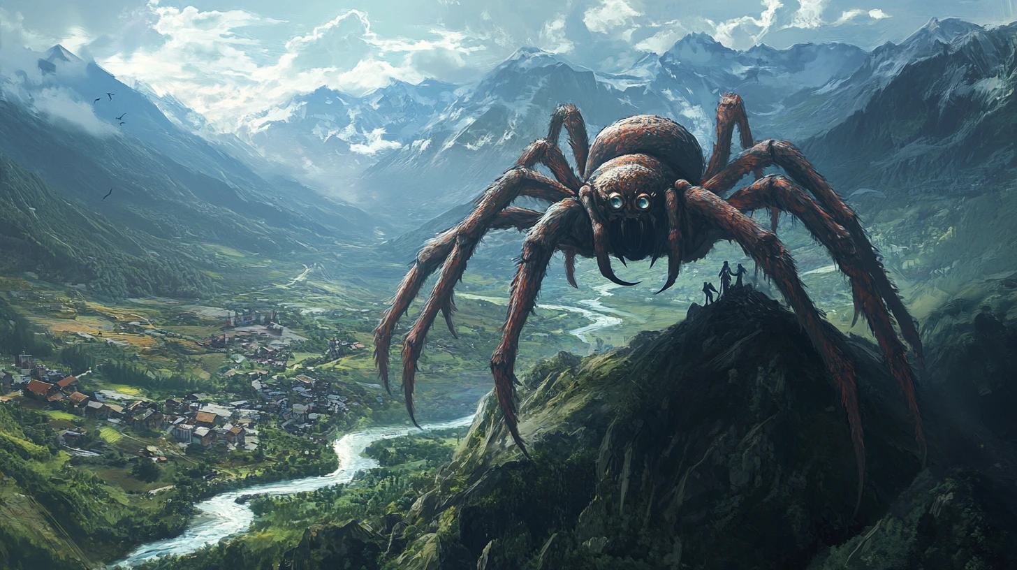 Giant Spider On Obsidian Throne Above Mountain Valley