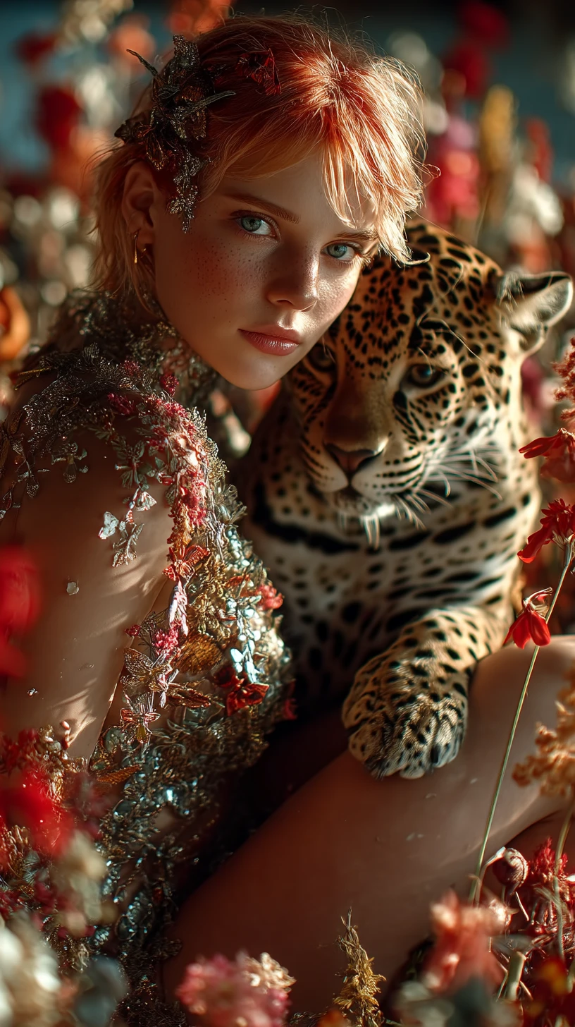 Femme rousse avec un jaguar dans un champ de fleurs au coucher du soleil