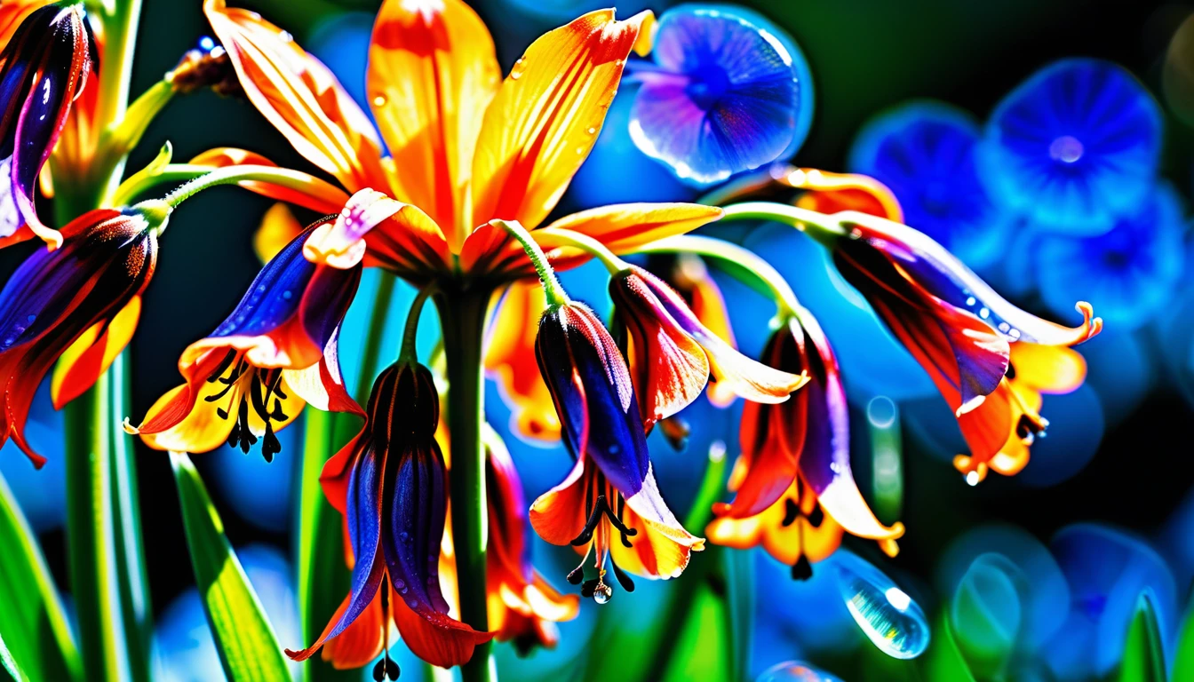 Ape in macro su fiori di campanula arcobaleno accanto a un ruscello cristallino