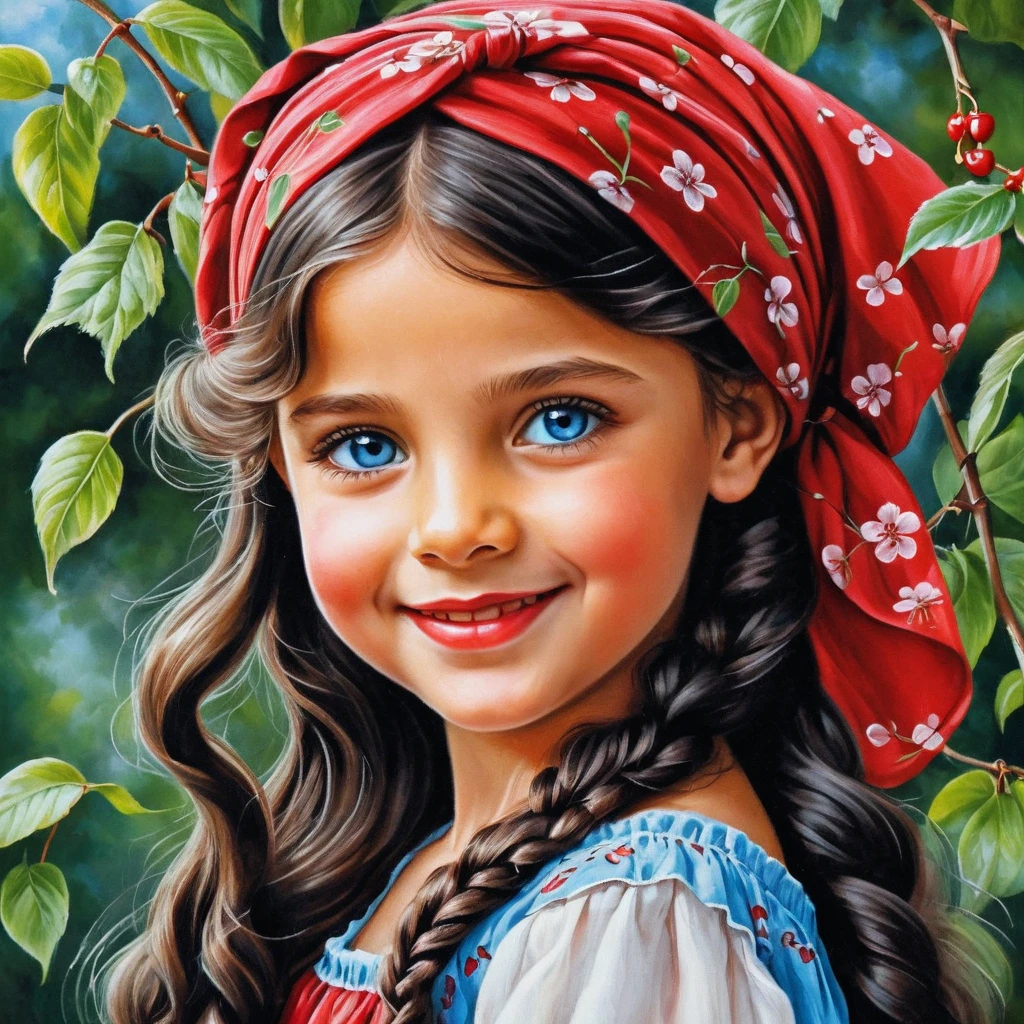 Smiling girl in cherry red dress with long braided hair