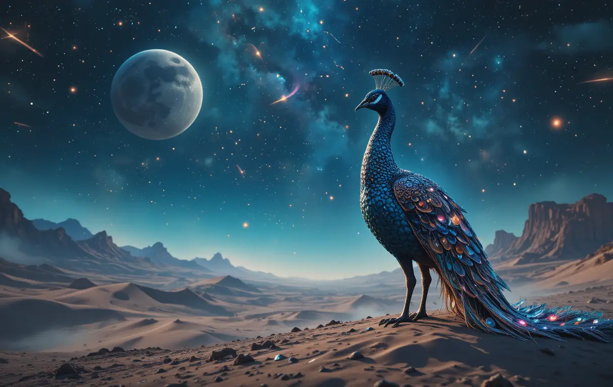 Cosmic peacock standing in a vast alien desert