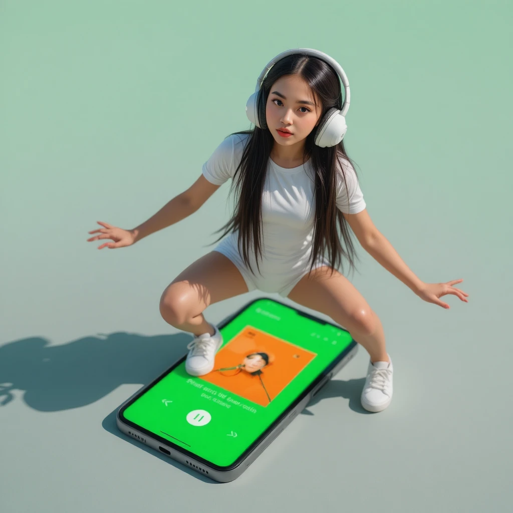 Jovem em pé sobre smartphone com tocador de música