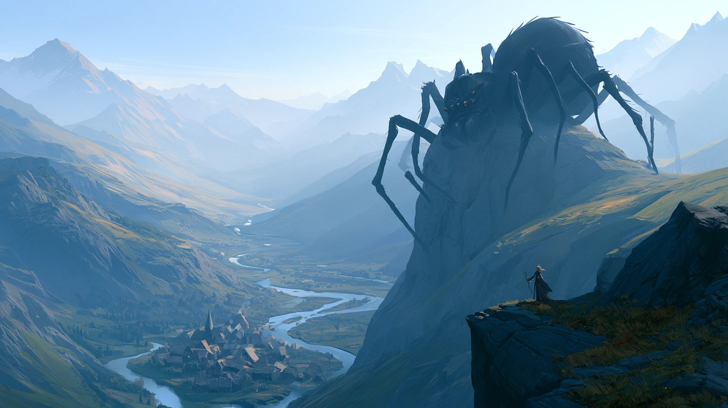 Giant Spider On Obsidian Throne Above Mountain Valley