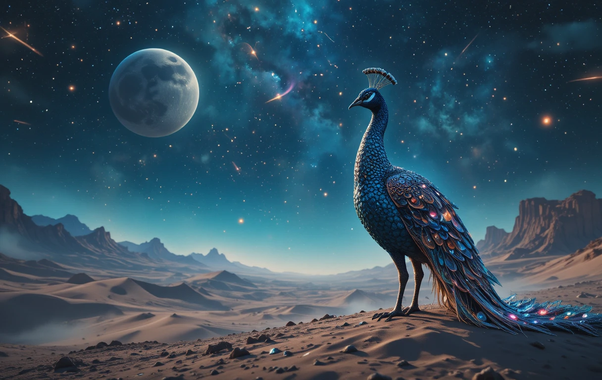 Pavão cósmico em um vasto deserto alienígena