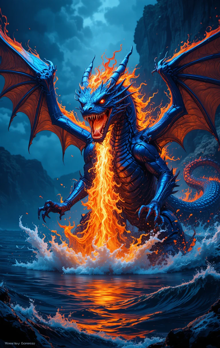 Feuriger blauer Drache über den Ozeanwellen