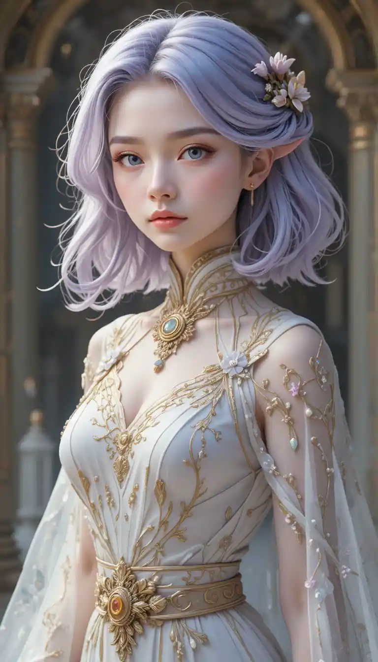 Gracieuse fille fée guérisseuse d’anime en robe blanche et dorée