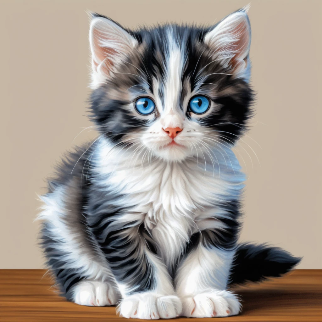 Filhote de gato tigrado fofo de olhos azuis em desenho de lápis de cor