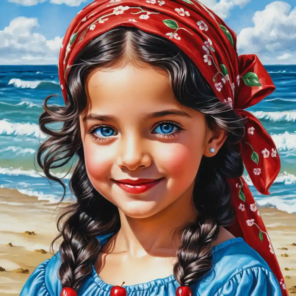 Illustrazione di ragazza sorridente dagli occhi azzurri con abito estivo rosso