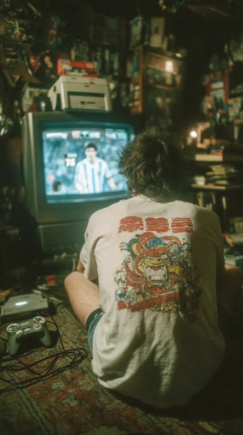 Mann spielt Retro-Konsole auf dem Boden in einem dunklen Schlafzimmer