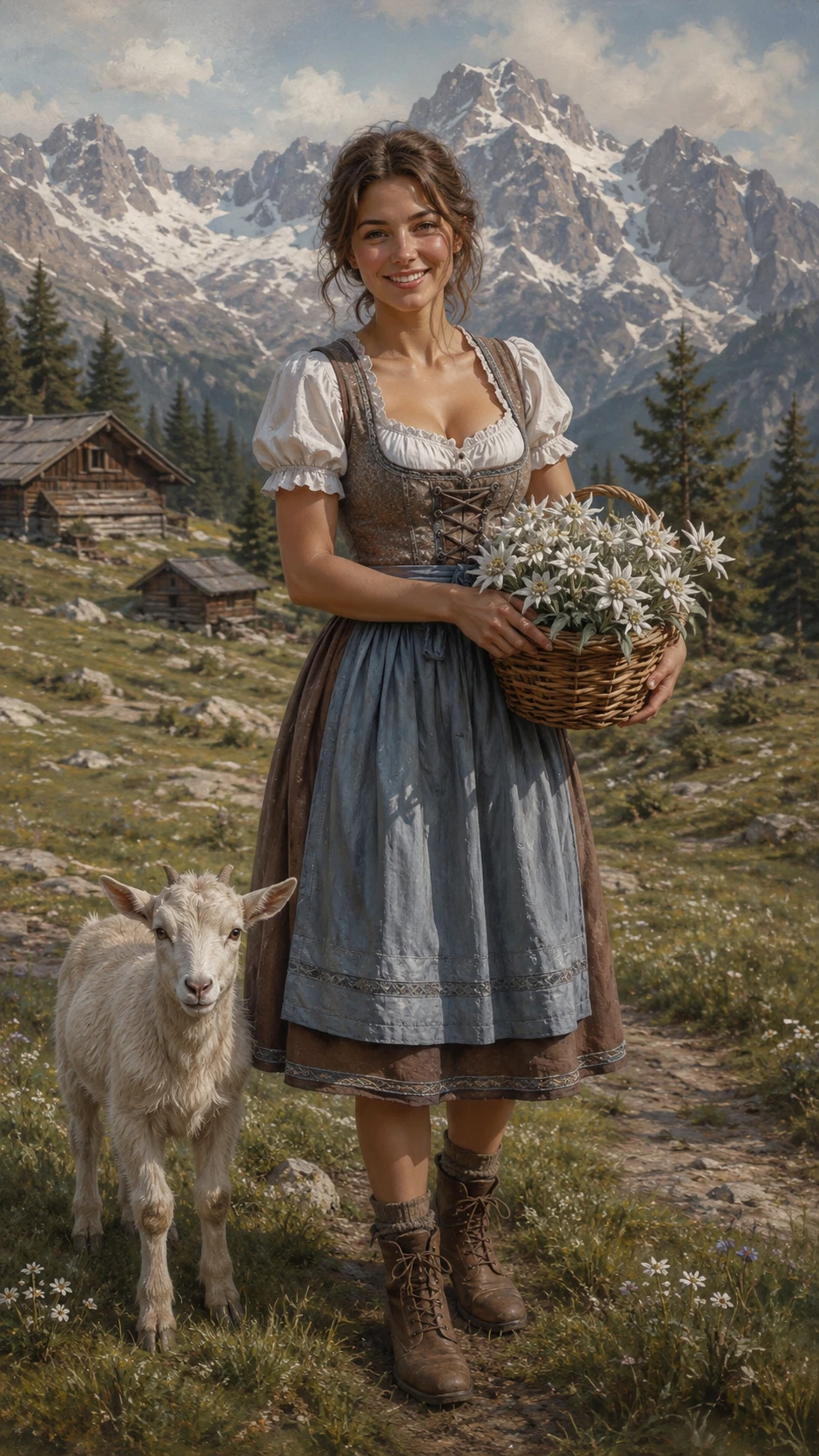 Mulher de dirndl com cabritinho em prado alpino