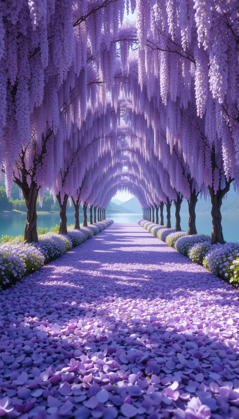 Túnel de Flores de Glicínia ao Lado de uma Tranquila Trilha à Beira do Lago Azul