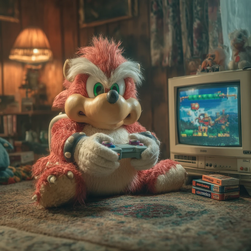 아늑한 90년대 거실에서 게임을 즐기는 붉은 의인화 생명체