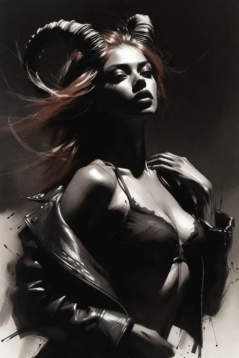 Femme démoniaque aux cornes de bélier dans un portrait monochrome dramatique
