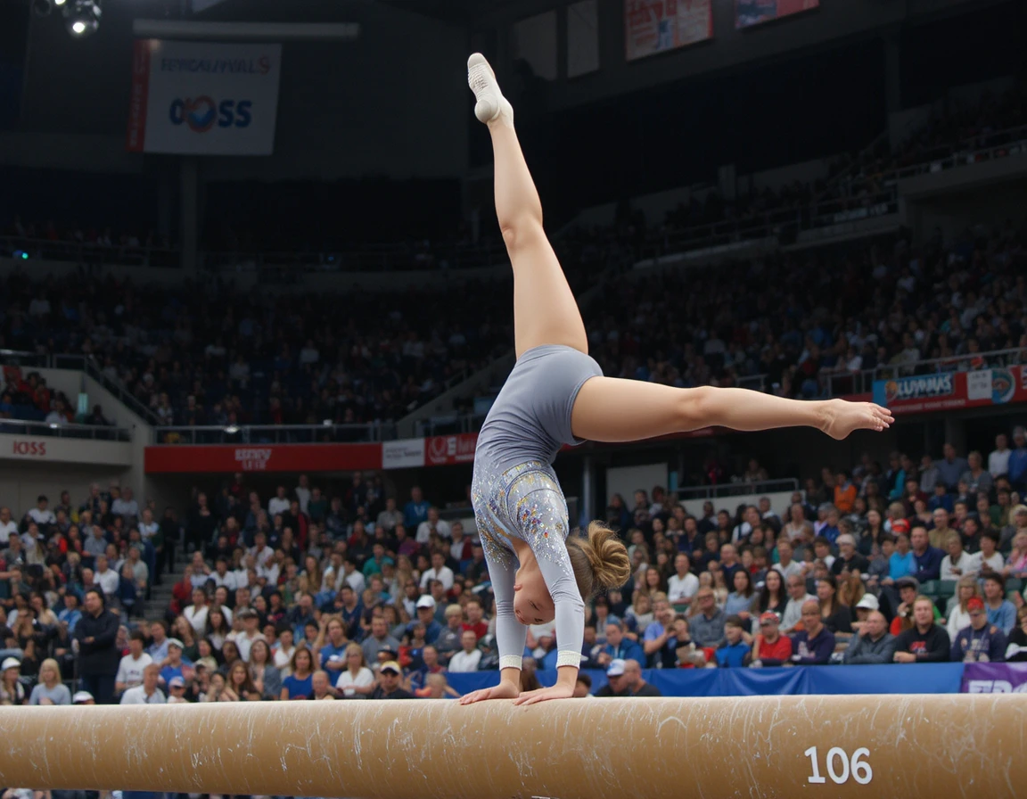 Gimnasta femenina realizando un mortal hacia atrás en competencia