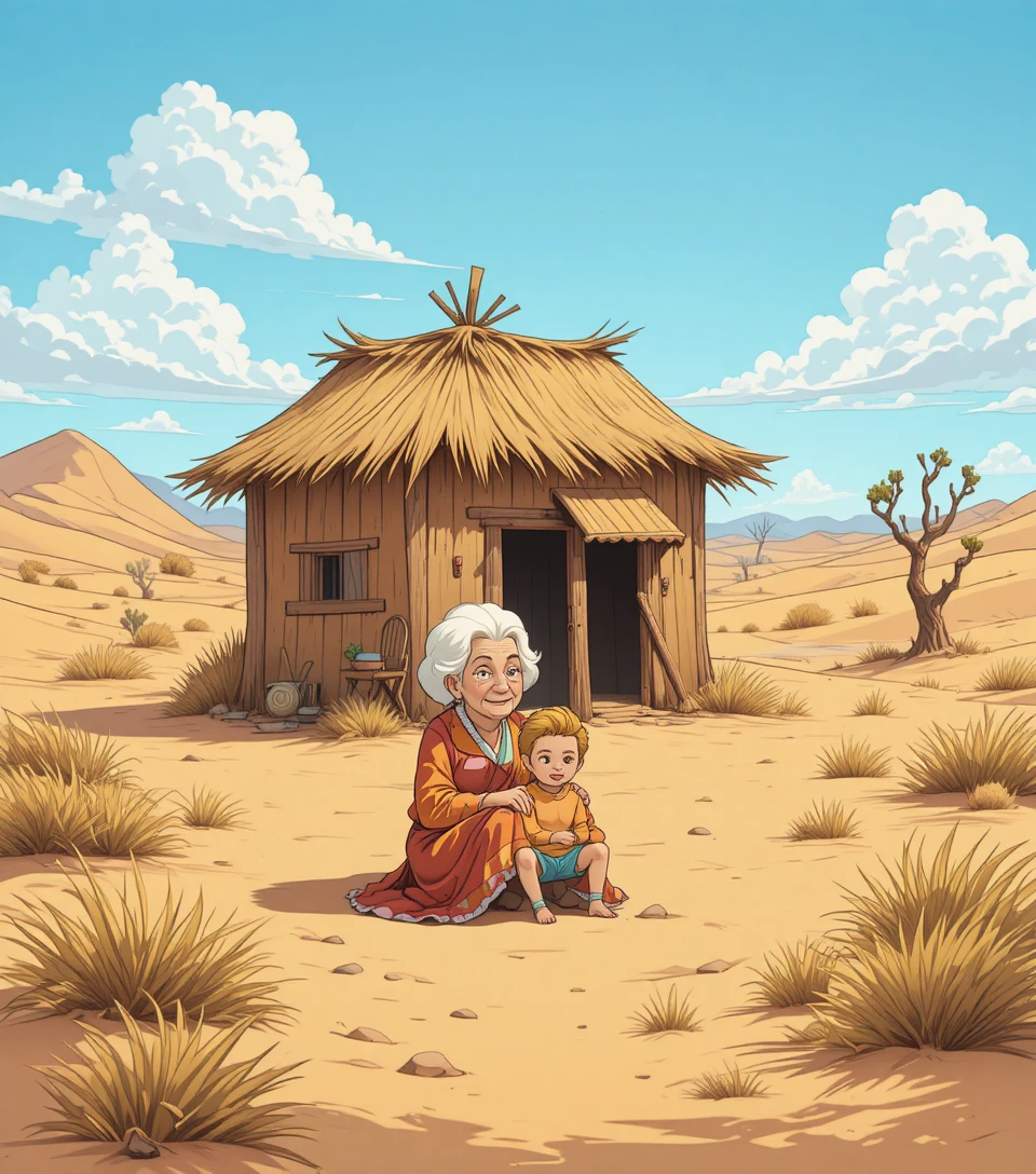 Nonna e nipote in stile cartoon in una tranquilla capanna nel deserto