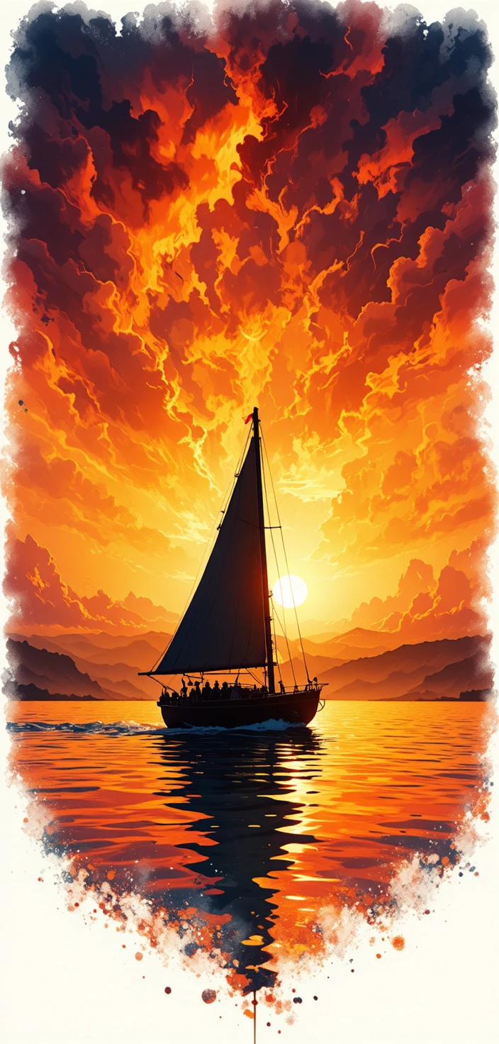 Silhueta de veleiro deslizando sobre águas calmas ao pôr do sol